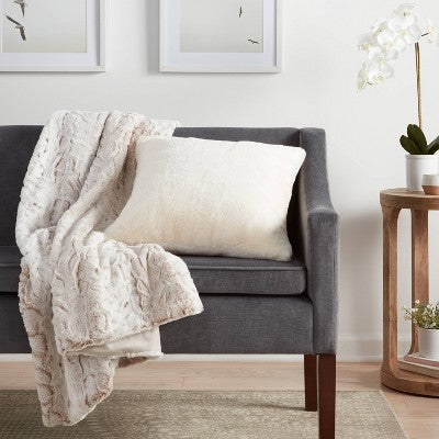 Faux Rabbit Fur Square Throw Pillow Cream - Threshold: Decorative Cushion for Indoor, Removable Cover, Zip Closure