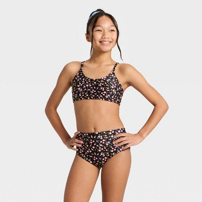 Girls' Floral Trilette Shirred Swimsuit Top - art class Black/Orange/Pink L