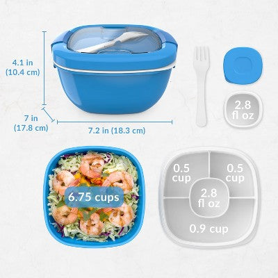 Bentgo Salad Stackable Lunch Container with Large 54oz Bowl, 4-Compartment Tray & Built-In Fork - Blue
