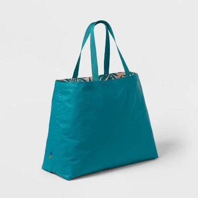 Water Resistant Reversible Tote Bag - Open Story Teal/White Palm: Botanical Pattern