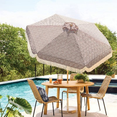7.5' Cane Fringe Outdoor Patio Umbrella Brown - Tempera (LOCAL PICKUP ONLY)