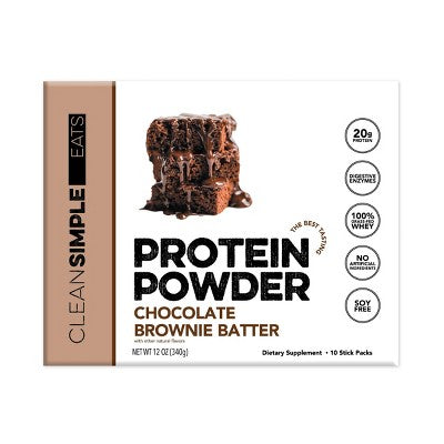 Clean Simple Eats Protein Powder Sticks - Chocolate Brownie Batter - Whey Protein Isolate - 12oz/10ct