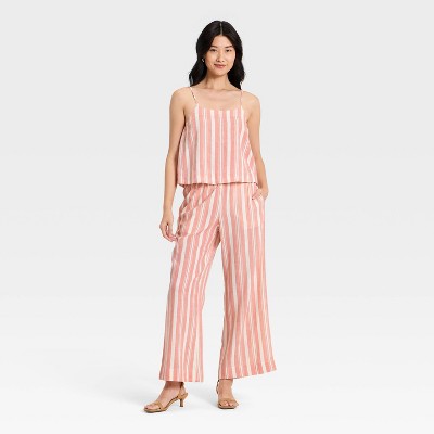 Women's Linen Wide Leg Pants - A New Day Red/White Striped XS