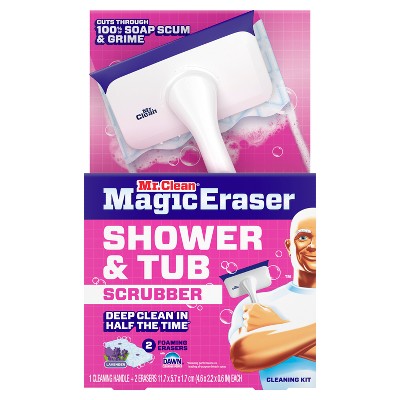 Mr. Clean Magic Eraser Shower & Tub Scrubber, Lavender Starter Kit, 1 Scrubber & 2 Erasers: Foam Cleaner, Multipurpose Application