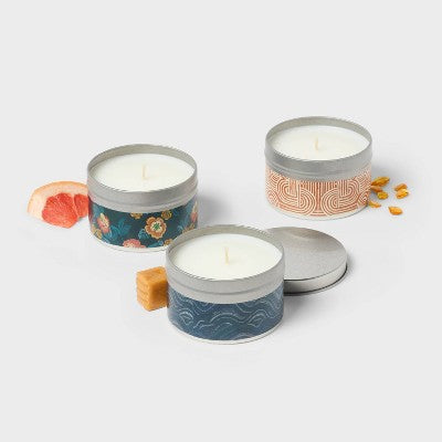 3pk Tin Candle Gift Set Cozy Nights + Blushing Amber + Island Moonlight - Threshold