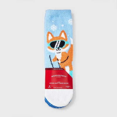 Kids' 2pk Fox Cozy Christmas Crew Socks with Gift Card Holder - Wondershop Light Blue XS/S