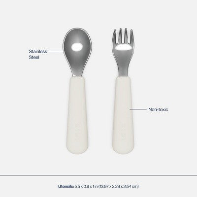 Lalo 3pc Silicone Toddler Plate + Utensils Mealtime Set - Oatmeal