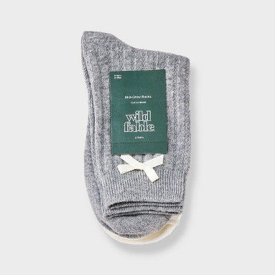 Women's Pointelle with Bow & Striped 2pk Mid Crew Socks - Wild Fable Heather Gray/Ivory/Green 4-10