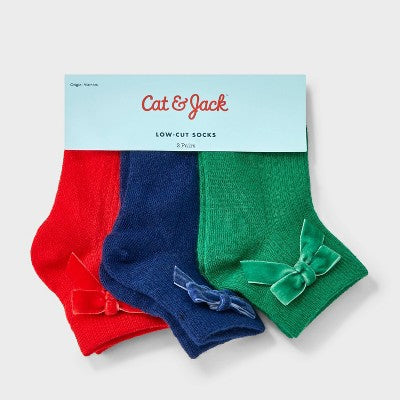 Toddler Girls' 3pk Velvet Bows Ankle Socks - Cat & Jack 2T-3T