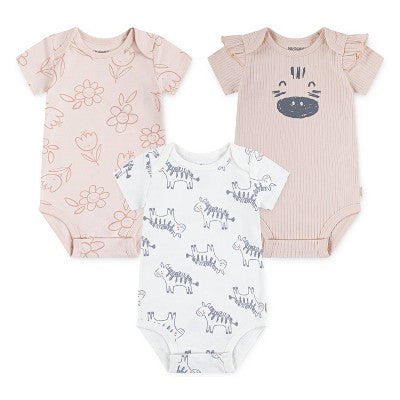 Huggies Baby Girls' Zebras 3pk Short Sleeve Bodysuit - Pink 18M: Organic Cotton, Crotch Snap, Knit Fabric