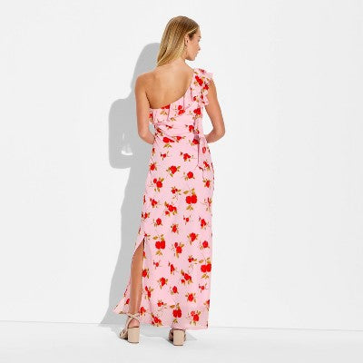 Women's Ruffle One Shoulder Midi Bodycon Dress - Pink Floral XS
