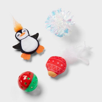 Penguin Crinkle Feather Jingle Ball Ornament Cat Plush Toy Set - 4pk - Wondershop