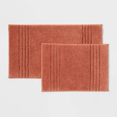 2pc 17"x24" and 20"x34" Performance Plus Textured Cotton Striped Non Skid Bath Rug Set Terracotta - Threshold