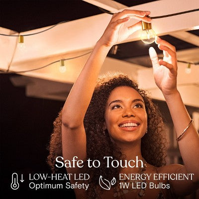 Brightech 12-Bulb LED Glow Antique Brass 1W 26ft 2700K G40 Indoor Outdoor Plug-in Orb and Globe String Lights Clear Bulb Black Wire