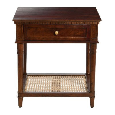 Storied Home Maxwelton Solid Wood End Accent Table Dark Chestnut/Natural: Traditional Style, Cane Shelf, Hidden Compartment (LOCAL PICKUP ONLY)
