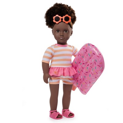 Our Generation Nadya 18" Doll with Swimsuit and Pink Pool Float Accessory: Fashion Doll, Curly Dark Brown Hair