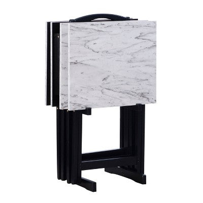 Linon 4pc 26.4" Talia TV Tray Table Set Faux Marble with Storage Rack White (LOCAL PICKUP ONLY)