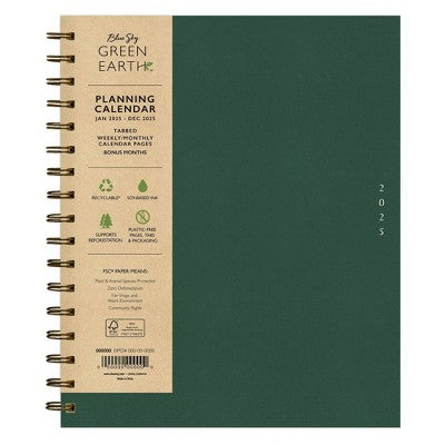 BlueSky 2025 Green Earth Sustainability Weekly/Monthly Planner 9.25"x7.87" Wirebound Deep Green