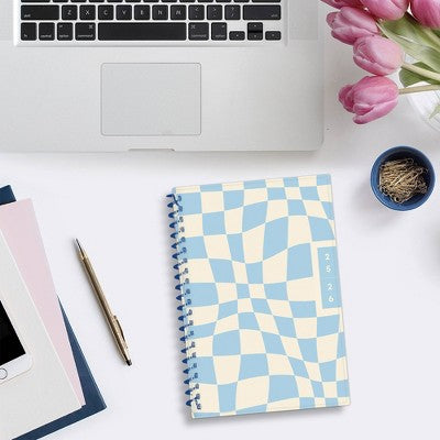 Blue Sky Weekly/Monthly Spiral Planner 5"x8" Printed Dylan Blue Check Swirl