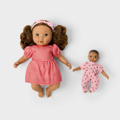 14" Brown Hair/Brown Eyes Toddler Doll + Mini Baby Doll - Gigglescape