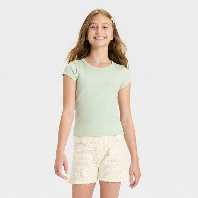 Girls' Short Sleeve Ribbed T-Shirt - art class Green M