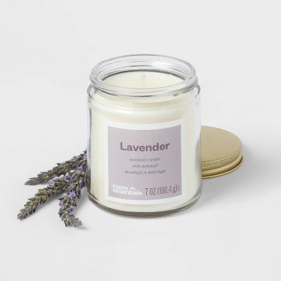 7oz Glass Jar Lavender Candle with Lid - Room Essentials: Sage & Eucalyptus Scent, 25hr Burn Time, Paraffin & Palm Wax