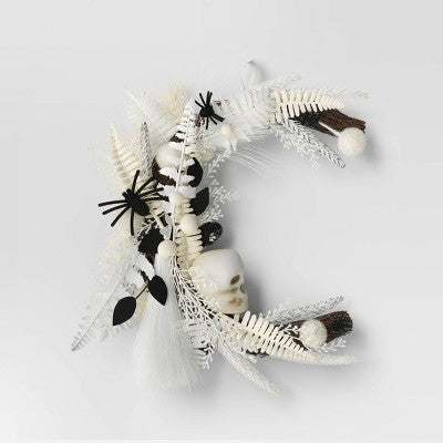 16" Halloween Greenery Wreath Moon - Hyde & EEK! Boutique: Cream, Faux Floral, Indoor Wall Decor, Unlit