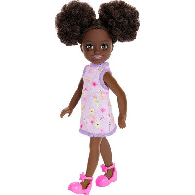 Barbie 6.3" Chelsea Small Doll Brown Hair/Brown Eyes Wearing Removable Purple Floral Dress with Space Buns