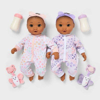 14" Girl Twin Baby Dolls - Dark Brown Hair + Brown Eyes - Gigglescape: Includes Plush, Pacifier, Bottle, Outfits