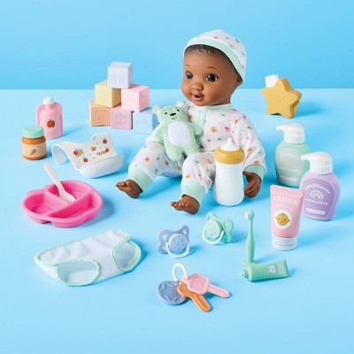 14" Baby Doll Set - Dark Brown Hair + Brown Eyes - Gigglescape: Includes Plush, Pacifier, Play Food, Keychain