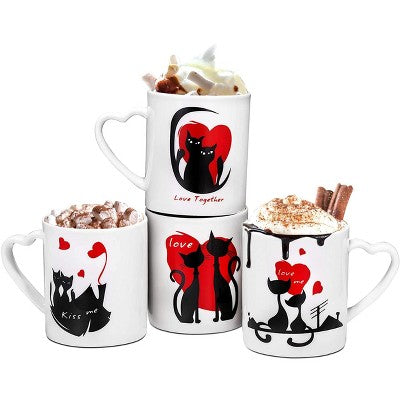Bruntmor 18 Oz Porcelain Cat Design Coffee Mug Set of 4, White