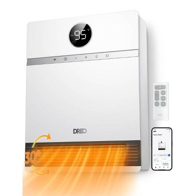 DREO 1500W Wall-Mounted Ceramic Heater Ultra-Quiet Smart Control and ECO Mode 30 Manual Oscillation with Alexa Compatible White