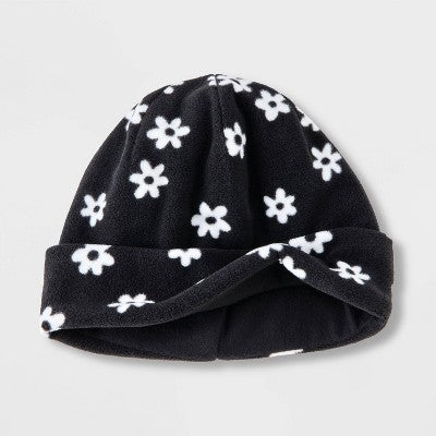 Girls' Floral Print Fleece Beanie Hat - Cat & Jack Black