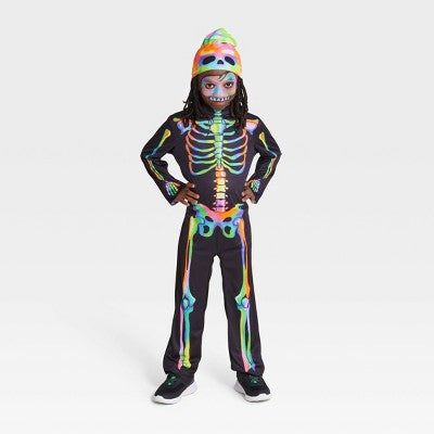 Kids' Blacklight Responsive Color Melt Skeleton Halloween Costume Jumpsuit with Beanie S - Hyde & EEK! Boutique