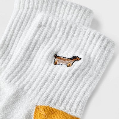 Women's Embroidered Hot Dog Ribbed Ankle Socks - Ivory 4-10: Recycled Polyester, Banded Cuff, Animal Icon