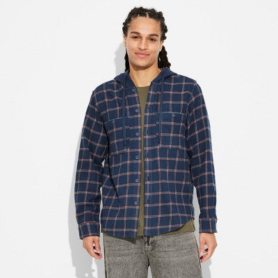 Men's Checked Hooded Button-Down Shirt - Original Use Navy Blue S