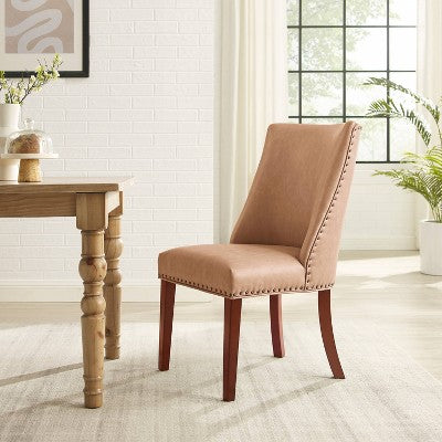 Axbridge Nailhead Trim Side Chair Faux Leather Tan - Powell: Set of 2, Upholstered, Wood Legs (LOCAL PICKUP ONLY)