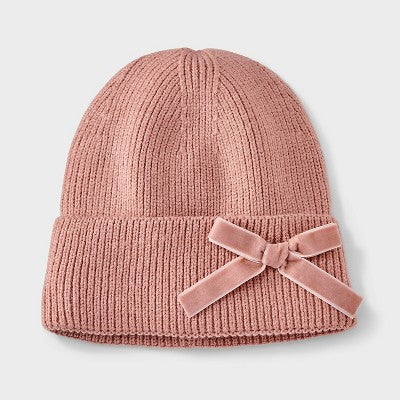 Girls' Satin Webbing Bow Beanie Hat - art class Pink