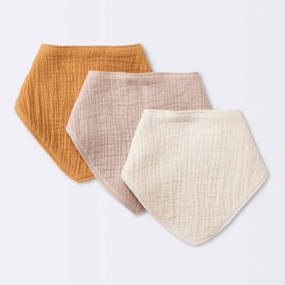 Baby 3pk Muslin Bandana Bib - Cloud Island Khaki: Cotton Snap Closure, 0-12 Months, 8.75" Square