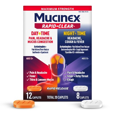 Mucinex Rapid Clear Pain Headache Mucus Congestion Daytime & Nighttime Caplets - 20ct