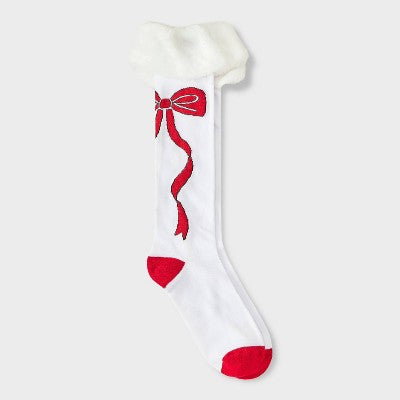 Women's Christmas Bows Knee High Socks with Faux Fur Cuff - Wondershop White/Red 4-10