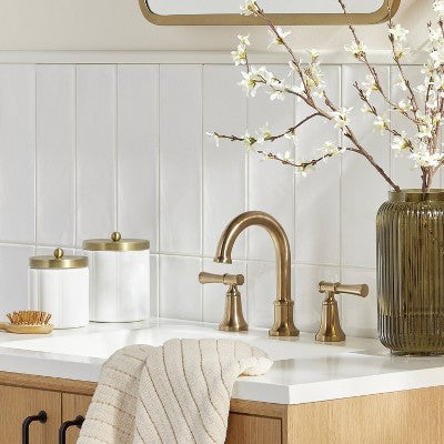 Large Milk Glass Bath Canister with Metal Lid Brass Finish - Hearth & Hand with Magnolia: Farmhouse Style Storage Container for Bathroom