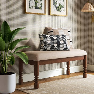 Upholstered Bench with Turned Wood Legs Cream in Performance Fabric - Fully Assembled (LOCAL PICKUP ONLY)