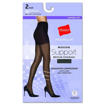 Hanes Women's 2pk Modern Support Graduated Compression Tights - Black S: Sheer Toe, Control Top, High Waisted, Knit