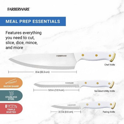 Farberware 3pc Knife Set White/Gold: Chef, Paring & Utility Knives, Stainless Steel Blades, Riveted ABS Handles