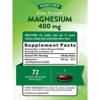Nature's Truth Magnesium | 400mg | 72 Softgels | Value Size | Extra Strength | from Magnesium Oxide | Non-GMO and Gluten Free Supplement