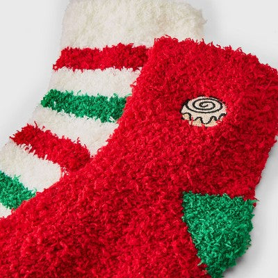 Women's Embroidered Cinnamon Roll Christmas 2pk Cozy Ankle Socks - Red/Ivory/Green 4-10