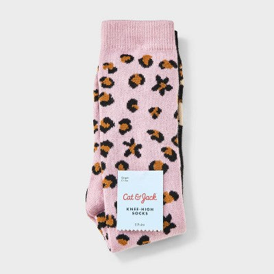 Girls' 2pk Leopard Knee Socks - Cat & Jack Mauve S