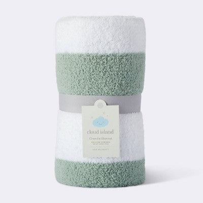 Chenille Stripe Baby Blanket - Green and White Stripe - Cloud Island