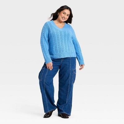 Women's Cable Knit V-Neck Sweater - Ava & Viv Blue 4X